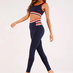 Navy <b>Blue</b> 2 Piece Yoga Set Racerback Crop Top High Waist Full Length Leggings Seamless Four-Way Stretch Solid Color Sportwear - Product Image 5
