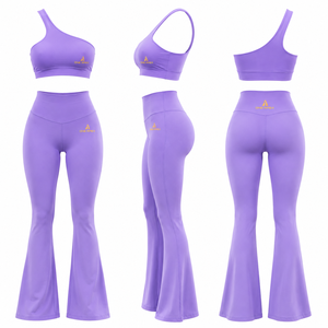 Women One Shoulder Yoga Set <b>Flare</b> <b>Leggings</b> Seamless Fitness Activewear Gym Wear Set - Product Image 1