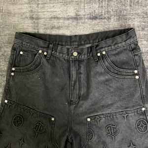 Short en jean pour homme, style hip-hop, personnalisé, vintage, taille mi-haute, délavé, effet usé, délavé à l'acide, avec strass - Product Image 3