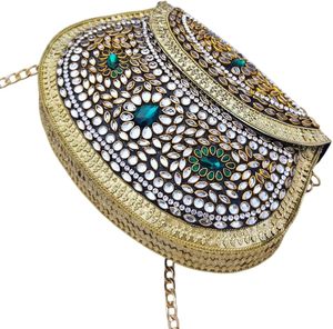 Pochette de soirée Royal Mosaic Kundan avec des accents décoratifs artisanaux complexes, pochette de soirée en métal - Product Image 2