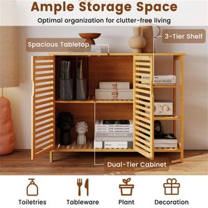 Natural Bamboo 39.5"x14"x31.5" Bathroom Cabinet with Enclosed Cabinet and Open Shelves Ample <b>Storage</b> for <b>Toiletries</b> and Towels - Product Image 4