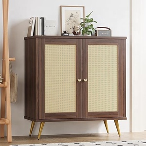 Gabinete de dos puertas de madera de nogal y ratán con patas doradas, sala de estar elegante unidad de almacenamiento para, dormitorio y decoración de pasillo - Product Image 1