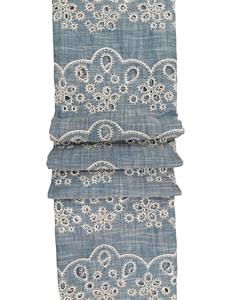 Tissu en coton peigné léger et respirant brodé Schiffli, bleu clair et blanc, bordure à œillets – Meilleures ventes - Product Image 4