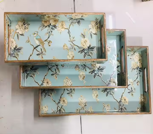 Bandejas Rectangulares Modernas de Madera con Estampado Floral y de Aves, Hechas a Medida, en 3 Tamaños Apilables para Decoración del Hogar - Product Image 1
