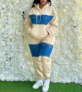 Women Denim Patchwork Tracksuit Set Hooded Long Sleeve Color Block Sweatshirt <b>Pants</b> Casual Plus Size Autumn Wear - Product Image 5