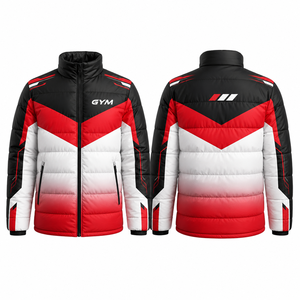 Blouson universitaire sportif d'hiver pour homme, en polaire écologique, coupe-vent, color block rouge, noir, blanc, fermeture éclair frontale, logo gym, à capuche - Product Image 1