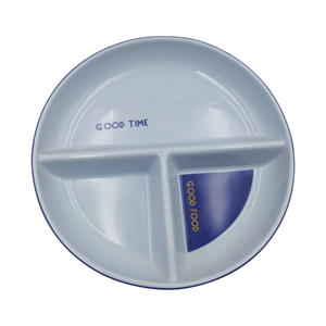 Assiette ronde en céramique à 3 compartiments avec impression « Good Time », plateau de service minimaliste bleu et blanc - Product Image 1