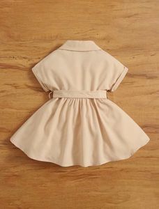 Toddler Girls Beige Button-Front Shirt Dress with <b>Waist</b> Bow & <b>Chain</b> Detail - Product Image 6
