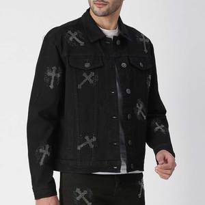 WATZY SPORTS Veste en jean noire pour homme, motif lettres, col rabattu, coupe droite, simple boutonnage, coton respirant, style urbain - Product Image 2