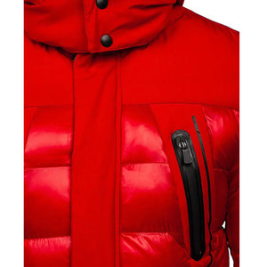 Men's Red Hooded Double Breasted Bomber Puffer Jacket Windproof Thick Winter <b>Coat</b> with Zipper Pockets Casual Style Regular Fit - Product Image 6