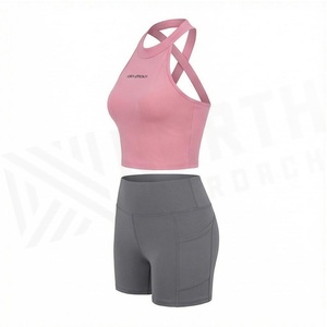 North Approach 2 Piece Yoga Set Pink Crop <b>Top</b> Gray Shorts High Waist Seamless <b>Sweat</b> Wicking Breathable Sportswear - Product Image 3