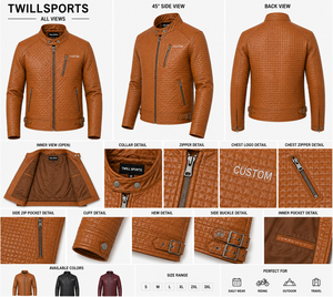 Blouson Moto Homme TwillSports en Cuir PU Marron Col Montant Matelassé Fermeture Éclair Avant Logo Personnalisé Coupe Ajustée Vêtement d'extérieur - Product Image 6