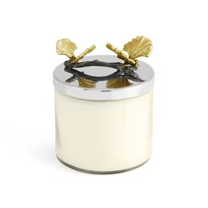 Portavelas de vidrio transparente, vaso redondo con tapa cromada, adorno metálico con hoja de ginkgo, centro de mesa para bodas, decoración de hotel, portavelas de vidrio. - Product Image 1