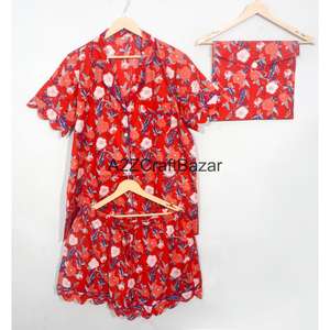 Conjunto de Pijama de Algodón 100% Hecho a Mano en India para Mujer, Estampado Digital, Manga Corta, Lujoso, Vintage, Largo, para Todas las Temporadas - Product Image 5