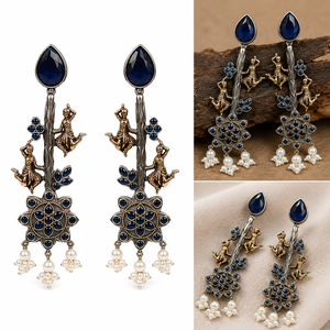 Mejor Precio al por Mayor: Pendientes Colgantes de Latón Oxidado Antiguo con Plata y Ónix Engastado en Bisel, Estilo Vintage Bollywood, Regalo para Mujer - Product Image 1