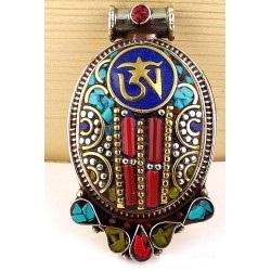 Pendentifs unisexes ronds en turquoise plaqué argent tibétain, signes bouddhistes porte-bonheur - Product Image 4