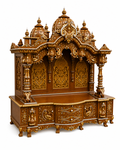 Mandir de Pooja de Madera de Gran Tamaño con Acabado Dorado Antiguo, Templo de Pooja Tradicional de Madera de Teca Tallada a Mano con Santuario Interior, EE. UU. - Product Image 4