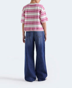 Camiseta de Algodón Suave con Estampado Personalizado para Mujer, Color Rosa a Rayas, Corte Regular, Manga Corta, 100% Algodón, Cuello Redondo - Product Image 2