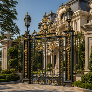 Portail de sécurité de luxe en fer forgé noir et or, avec motifs festonnés, pour entrée principale de grande villa et de manoir - Product Image 2