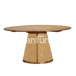Table à manger ronde en bois massif Salasa avec base en rotin conique, design moderne et contemporain - Product Image 3