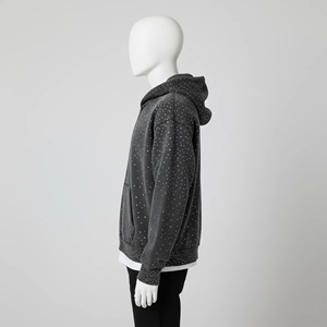 Sudadera con capucha para hombre con cremallera y pedrería, tela premium personalizada, gris brillante, con cremallera completa, capucha con cordón y bolsillo canguro, estilo casual urbano - Product Image 2