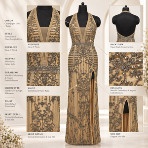Vestidos de Noche Opulentos con Adornos en Oro Champán |   Vestido Halter con Escote en V Profundo, Abertura Lateral en la Espalda y Silueta Larga hasta el Suelo - Product Image 5