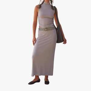 Hot Sale Women's Sleeveless Turtleneck Top With Mid-Calf <b>Skirt</b> Set Solid Color Knitted Spandex Polyester Minimalist Style <b>Skirts</b> - Product Image 1
