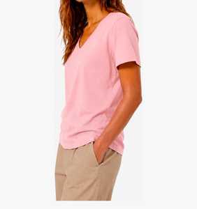Camiseta Casual de Verano para Mujer, Ecológica, Color Rosa, Cuello en V, Manga Corta, Corte Regular, Lisa - Product Image 1