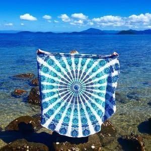Tapisserie murale ronde Ombre Hippie Mandala Bohème Indienne, Nappe 70 pouces 178cm Bleu sur Blanc - Product Image 2