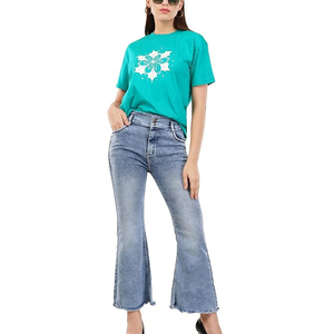 T-shirt décontracté pour femme, col rond, manches courtes, imprimé floral vert sarcelle, coupe ample, printemps-été, 100 % coton jersey tricoté - Product Image 3