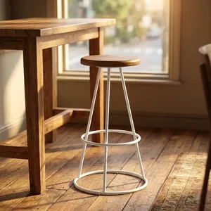 Taburete de Bar Moderno Escandinavo con Asiento de Madera y Estructura Metálica Blanca, Taburete de Barra Resistente - Product Image 3