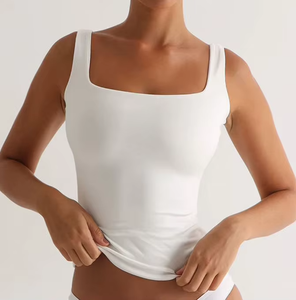 Top Corto de Mujer con Cuello Cuadrado, Sin Mangas, Ajustado, Blanco Sólido, Tejido de Punto, Primavera Verano, Minimalista, Transpirable - Product Image 1