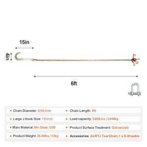 2 Pezzi Gancio a J G80 da 5/16" x 6FT, Catena di traino con gambo lungo 15", Carico di Lavoro 5400 Libbre, Gancio a Grappolo RTJ - Product Image 6
