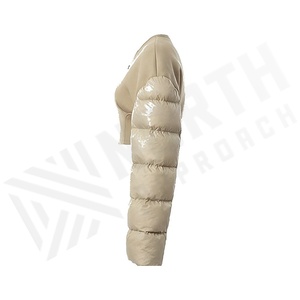 Beige Quilted Jacket Full Sleeve Drop Shoulder V Neck Zipper Closure Short Length Winter Wear Women's Outerwear - Product Image 3