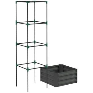Fioriera Grigia Zincata 61x61x30 cm con Supporto in Rattan, Elegante Recinzione e Traliccio - Product Image 1