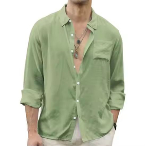 Chemise décontractée verte à manches longues pour homme, boutonnée, couleur unie, col rabattu, en tissu popeline respirant, idéale pour l'été - Product Image 1
