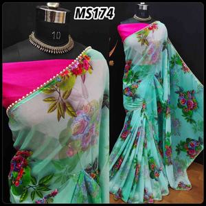 DISEÑADOR GEORGETTE IMPRESIÓN DIGITAL SAREE CON BLUSA SIN COSTAR SKY - Product Image 1