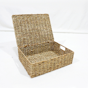 Handwoven Seagrass <b>Storage</b> <b>Basket</b> with Lid <b>Rectangular</b> Natural Woven Organizer for Bathroom Bedroom Kitchen Home Office - Product Image 1