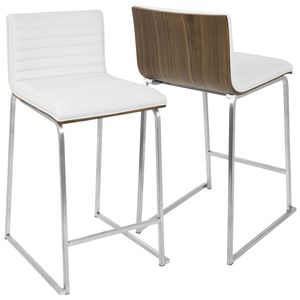Ensemble de 2 tabourets de bar contemporains de 26 po en acier inoxydable brossé, bois de noyer et simili cuir blanc - Product Image 2