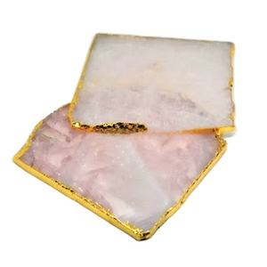 Sous-verres carrés en quartz rose naturel avec bord doré, écologiques, pierres de Feng Shui et Reiki, décoration intérieure, vente en gros - Product Image 1