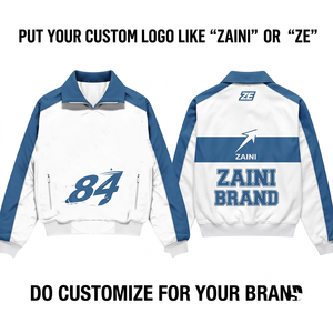 Veste coupe-vent d'hiver respirante et imperméable en polyester 200 GSM de qualité supérieure, blanche et bleue, avec empiècements raglan et impression numérique de logo personnalisé - Product Image 1