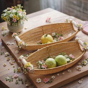 Cestas de Almacenamiento Modernas de Fibra de Bambú y Ratán Marrón Ovaladas Ecológicas al por Mayor con Asas, Portafrutas Multifuncional para Cocina - Product Image 3
