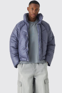 <b>Men's</b> Winter Outdoor Zipper <b>Jacket</b> Custom Logo Quilted Brown Polyester Stand Short Puffer Wholesale <b>Canvas</b> Fabric - Product Image 4