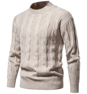 Pull en acrylique tricoté pour homme, couleur unie, col rond, manches longues, épais, coupe classique, ourlet et poignets côtelés - Product Image 2