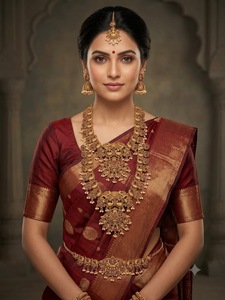 Ensemble de bijoux de mariée plaqué or d'Inde du Sud, motif paon, collier long, ceinture, boucles d'oreilles et mang tika. - Product Image 2