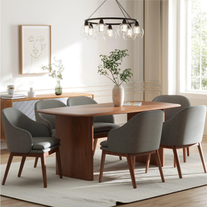 Modern Midcentury <b>Oval</b> <b>Dining</b> <b>Table</b> Set with 6 Gray Upholstered Solid Back Chairs <b>for</b> Home <b>Dining</b> Room Furniture - Product Image 2