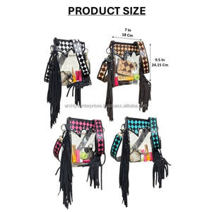 2026 Wholesale Transparent Tooled Pink & Black Checkered Leather Clear Fringe Handbag New Fashion Leather Crossbody Shoulder <b>Bag</b> - Product Image 2