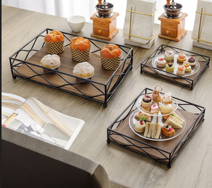 Deluxe Metal Rectangle <b>Storage</b> <b>Tray</b> With Wooden Base For Tabletop Food Serving Minimalist Design Powder Coated Finish - Product Image 1