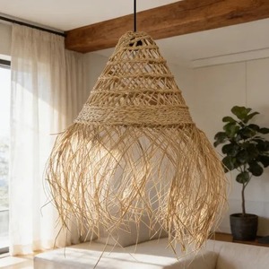 Abat-jour en rotin et jonc de mer fait main, style bohème, éco-responsable, pour éclairage intérieur et extérieur - Product Image 2