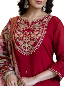 Robe Anarkali en soie pour femmes, rouge, brodée, tenue traditionnelle indienne pour mariage et fêtes, toutes saisons, coupe classique - Product Image 3